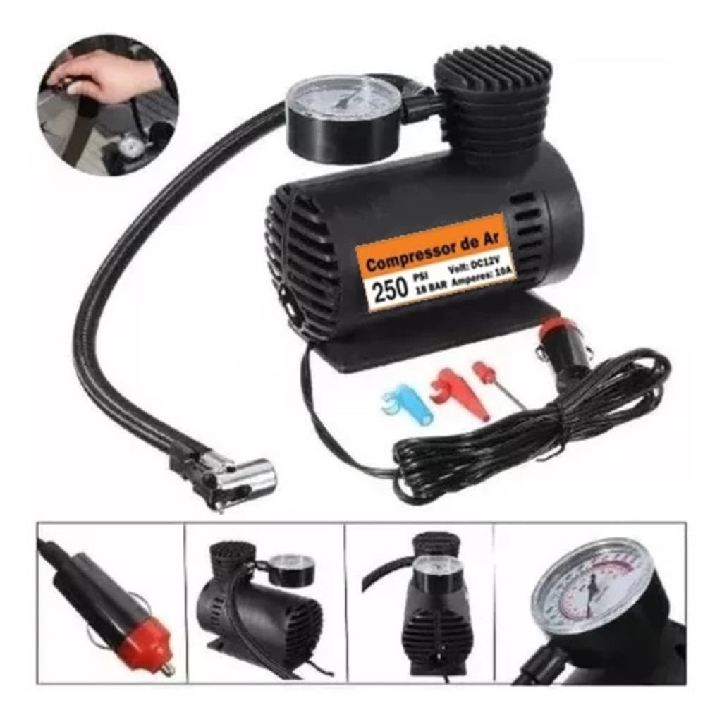 Mini Compressor Portátil de Ar 12V 250PSI Calibrador Para Pneu Carro Moto Bike Bola Leve e Compacto