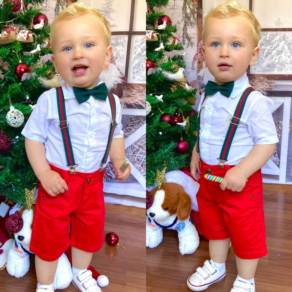 Roupa de Natal infantil bebê menino de 1 a 8 anos - Camisa Bermuda Gravata Borboleta e Suspensório