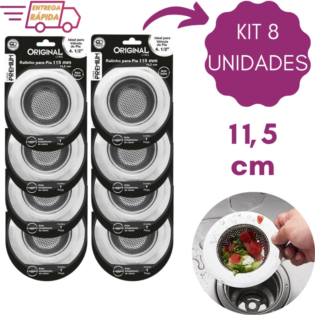 Kit 8 Ralo de Pia 11,5cm Grande Com Borda de Cozinha em Inox Atacado