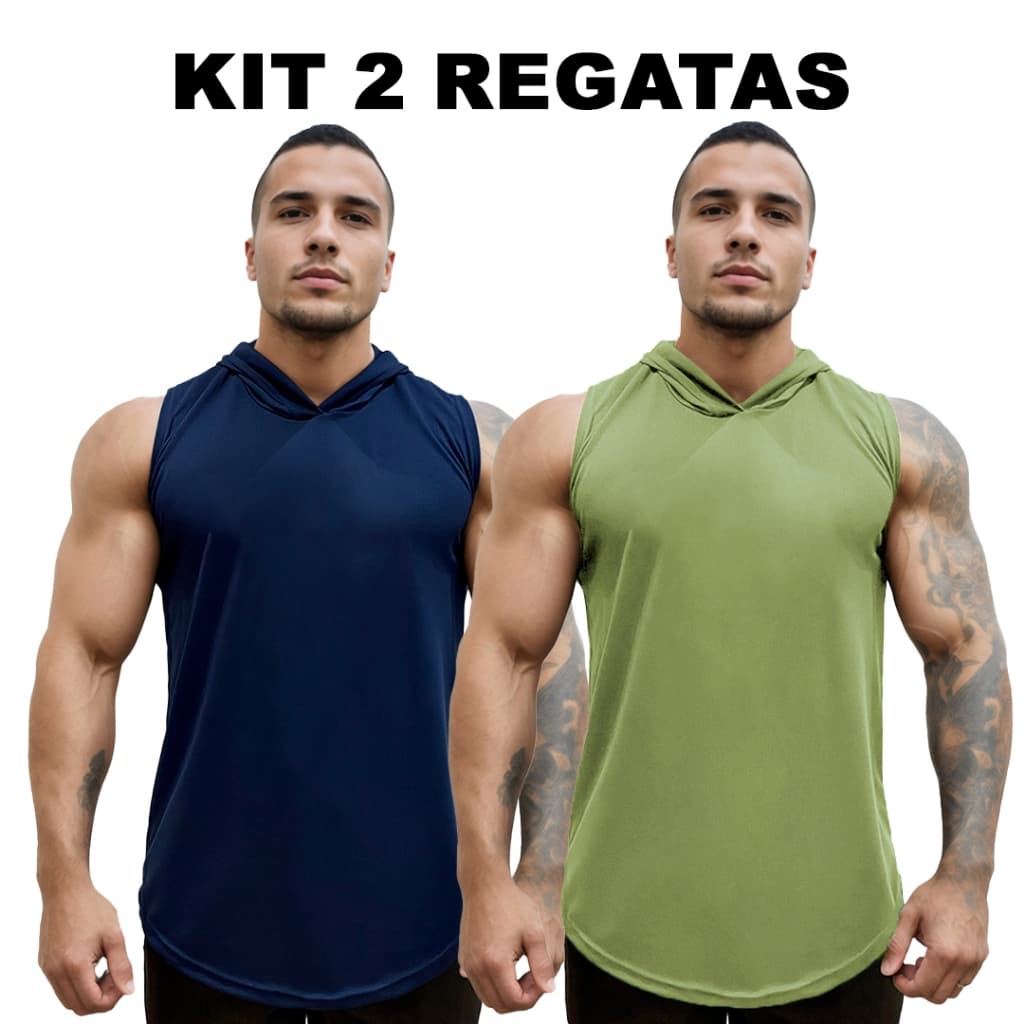 Kit 2 Regatas Marinho + Cores Masculina com Capuz em Dry Fit - Lisa Sem Estampa Básica - Bombey