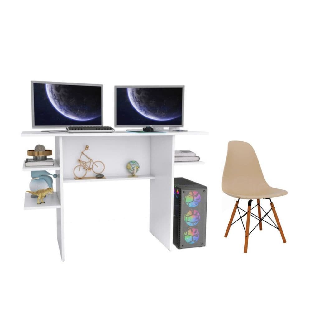 Mesa Escrivaninha Gamer 90cm Com Nichos + Cadeira Moderna Eames
