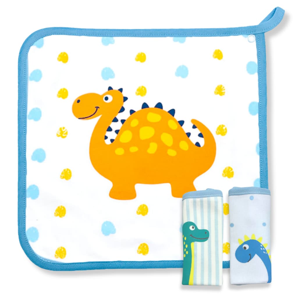 Babete Pano de Boca Infantil Bebê Kit 3 Peças Suedine 100% Algodão Infantil Menino Menina Dinossauro