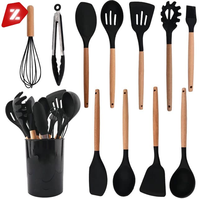 Kit de Utensílios de Cozinha 12 Peças – Silicone + Cabo de Bambu | Resistente ao Calor | Premium
