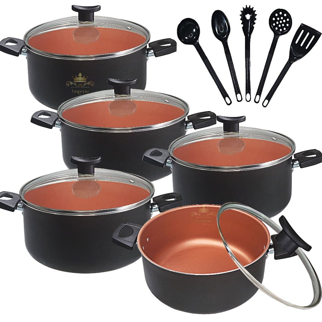 Kit 10 Peças Panelas Caçarolas Cobre Preto Com Tampa De Vidro Tamanho Grande com 5 utensílios Cor Preto Cobre Gold Dourada Kit 5 Peças 16 18 20 22 E 24 Kit Panela Antiaderente Com 5 Camadas De Teflon Luxo Alumínio Grosso