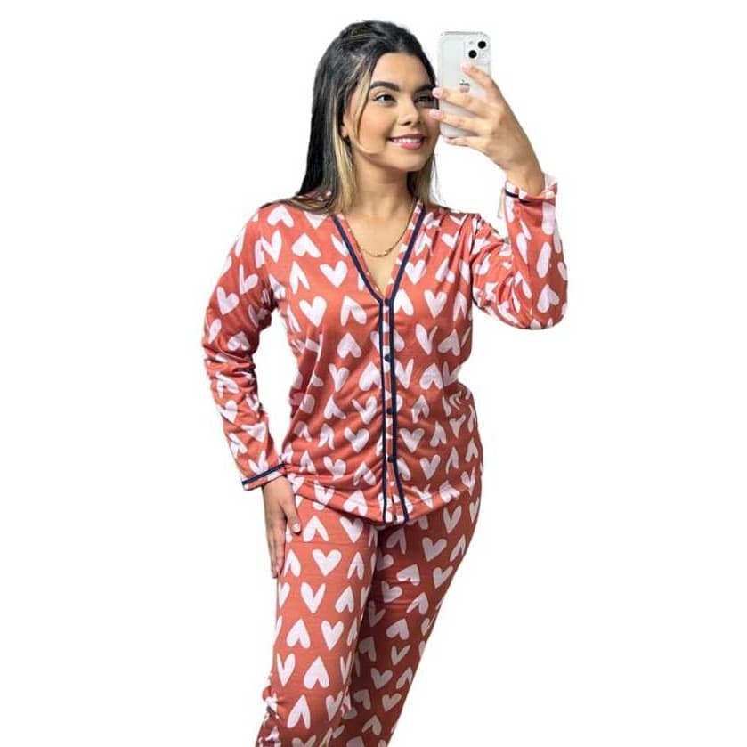 Pijama Americano de Inverno Estampado/ Pijama Feminino/ Inverno