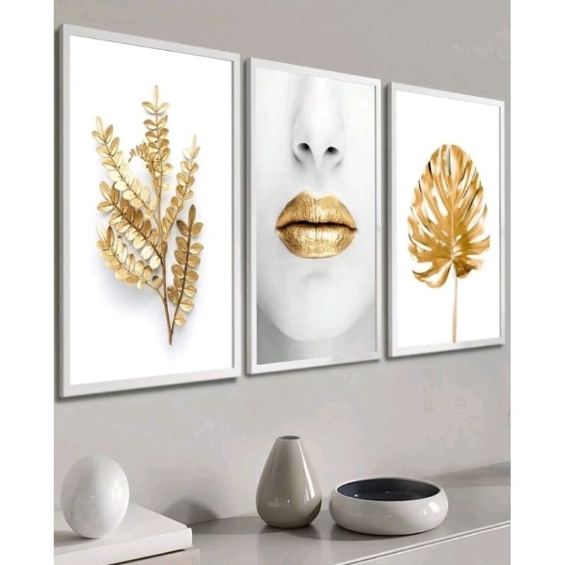 Quadro Decorativo 3 Peças Luxo Boca  E Lábios Dourados