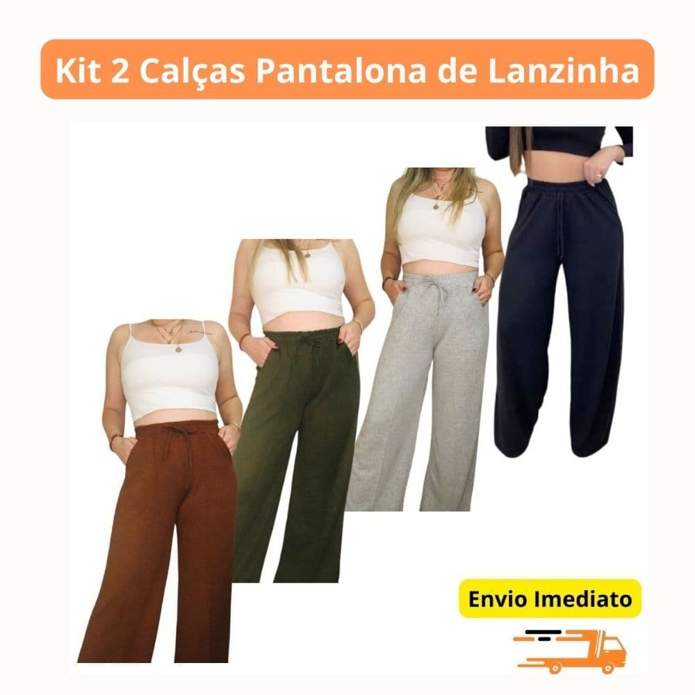 KIT 2 CALÇAS PANTALONA FEMINIA LANZINHA COM BOLSO E ELÁSTICO NA CINTURA, WID LEGG, FLARE -MOLETINHO