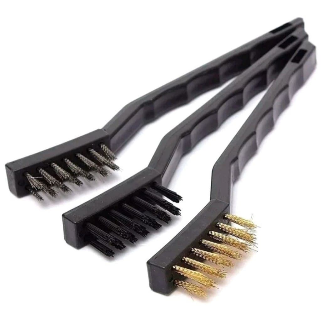 Escovas de Aço Multiuso Kit 3 Peças Latão Nylon Cabo Plástico Limpa Grelha