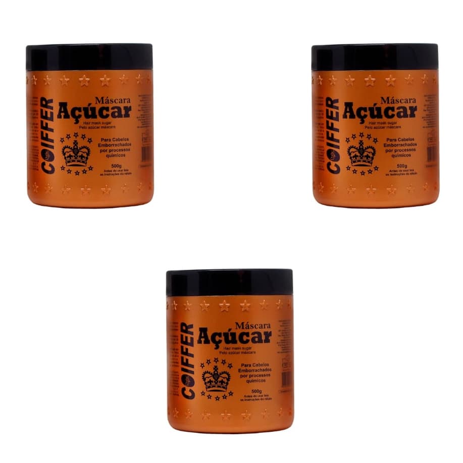 Kit com 3 Máscaras de Açúcar Coiffer 500gr  Maciez e Brilho
