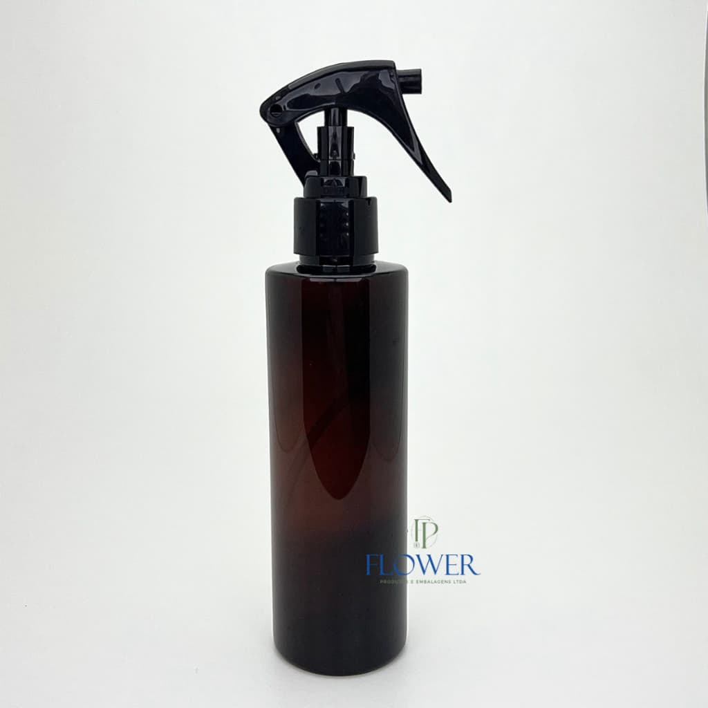 Kit 02 Unidades Frasco Pet Âmbar Cilíndrico Alto Válvula Gatilho Preto 200mL