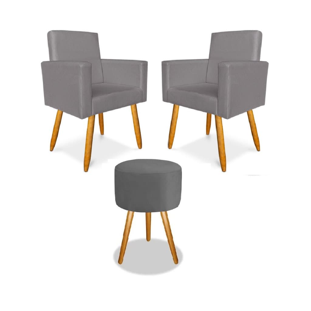 Kit 2 Poltronas  Decorativas Nina + 01 Puff Redondo