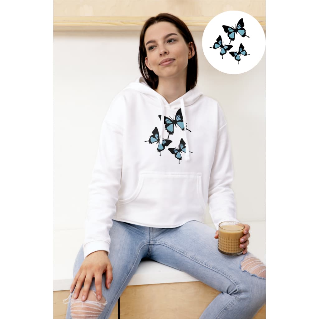 Blusa De Frio Feminina Moletom Borboletas Com Capuz E Bolsos Flanelados