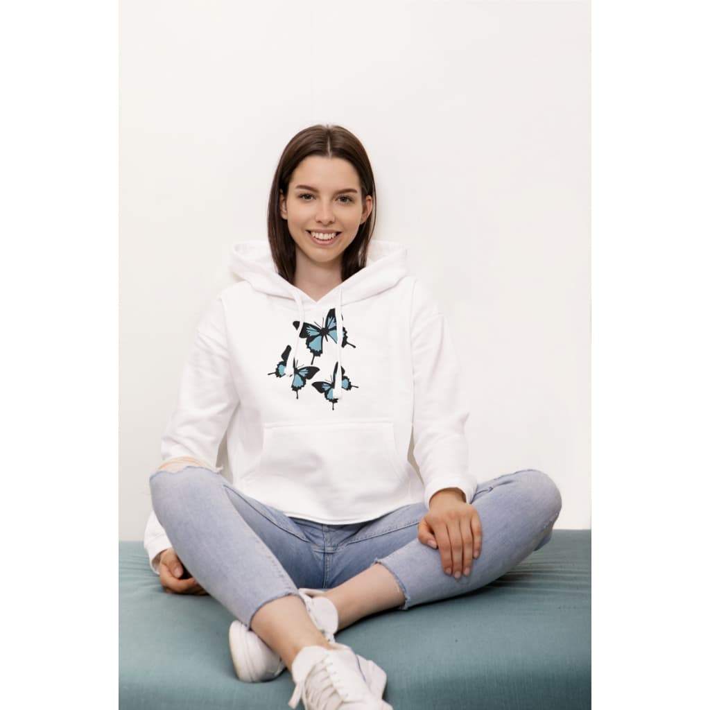 Moletom Feminino Branco Com Bolsos E Capuz Flanelados Estampa Borboletas Blusa De Frio Em Algodão