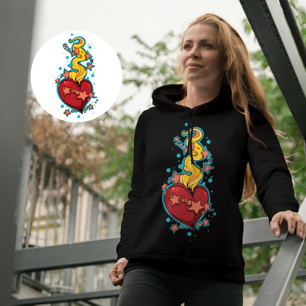 Blusa De Frio Feminina Várias Cores Moletom Coração Em Chamas Com Bolsos E Capuz Flanelado Unissex