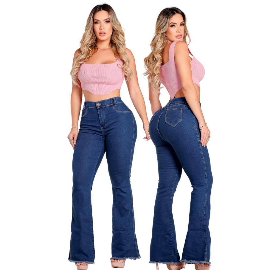 Calça Flare Jeans Azul Barra Desfiada Cós Alto Modelagem Empina Bumbum Lycra