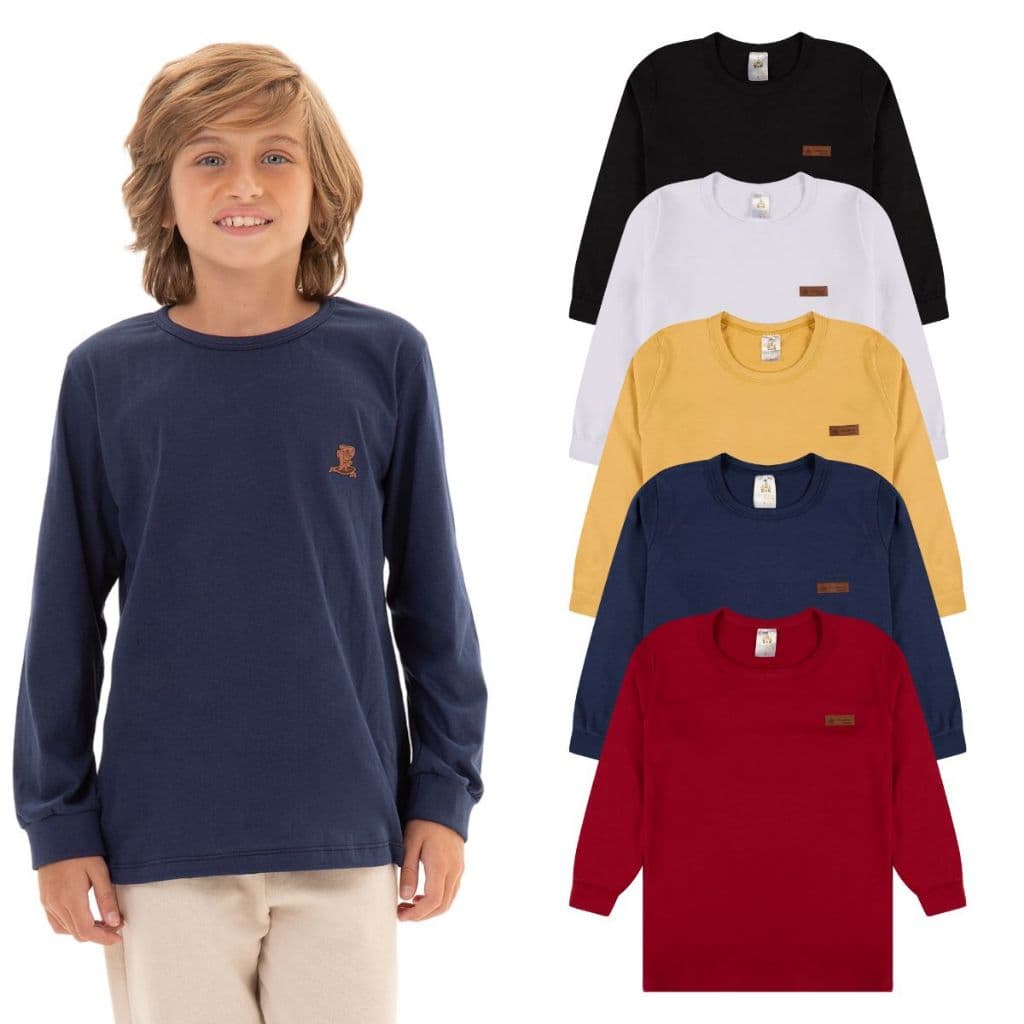 Kit 3 Camisetas Manga Longa Infantil Menino Básica Lisa Tamanho 2 ao 10