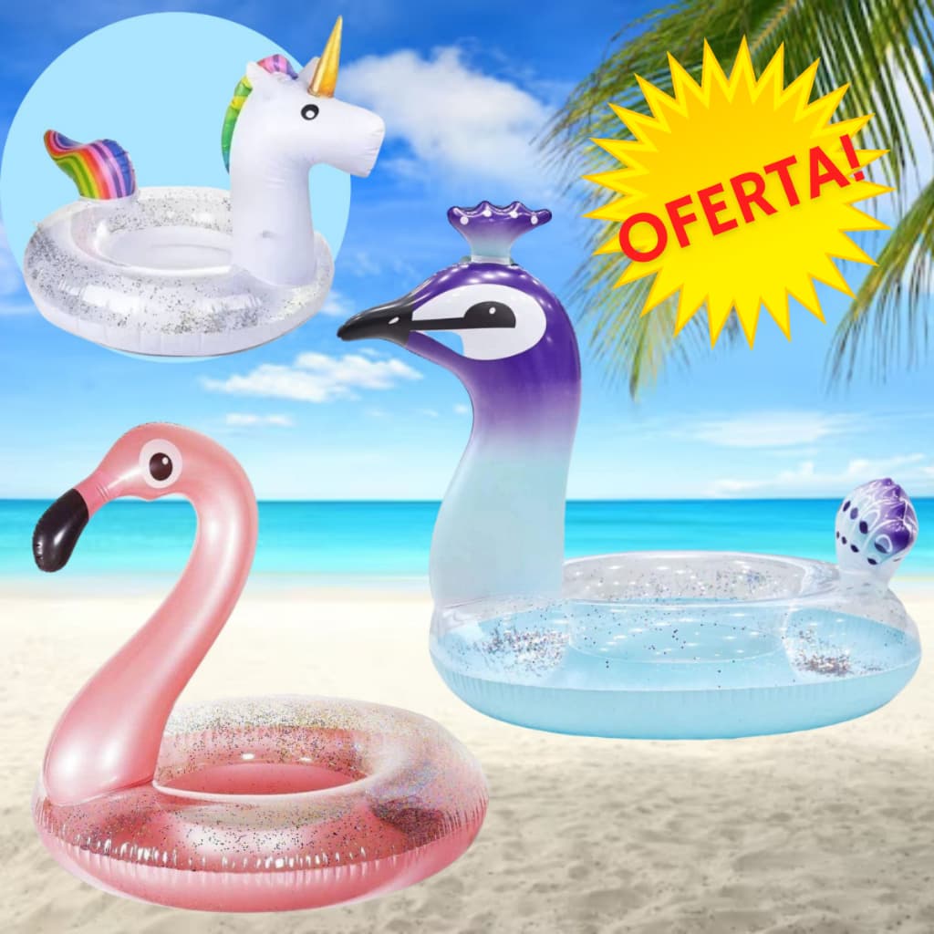Boia  CISNE FLAMINGO UNICÓRNIO Com Glitter 75CM Natação Piscina  ou Praia Pato Inflável 50cm