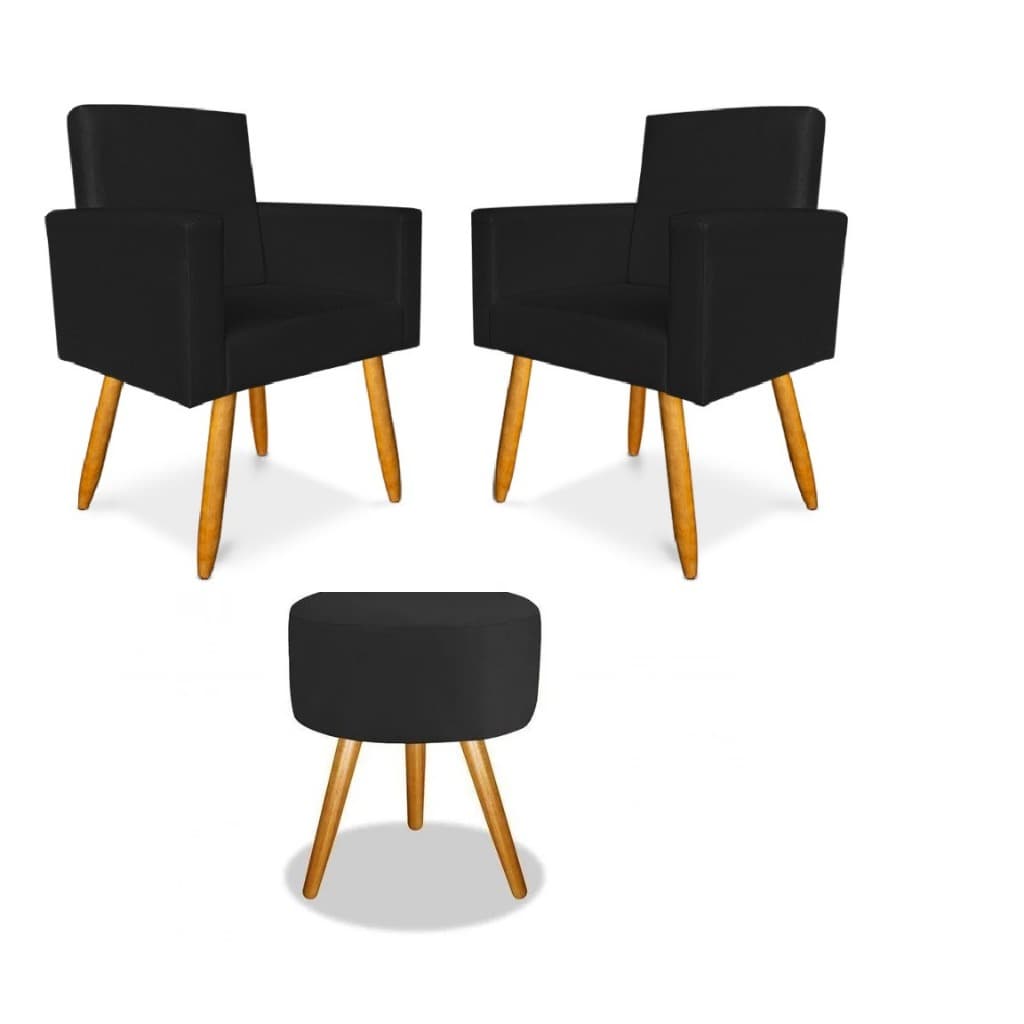 02 Poltronas Decorativas Nina + 01 Puff Redondo - Sala - Quarto