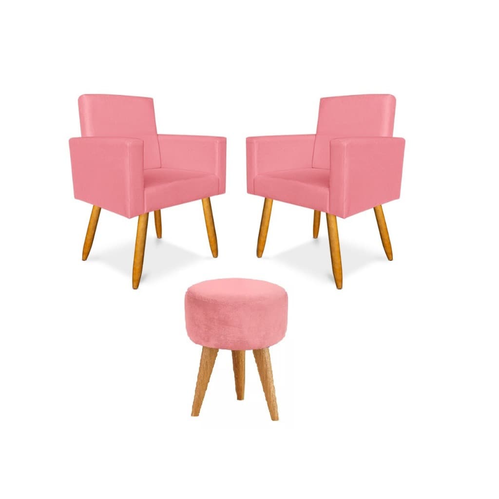 Conjunto Kit 2 Polronas Decorativas + 01 Puff Redondo Rosa
