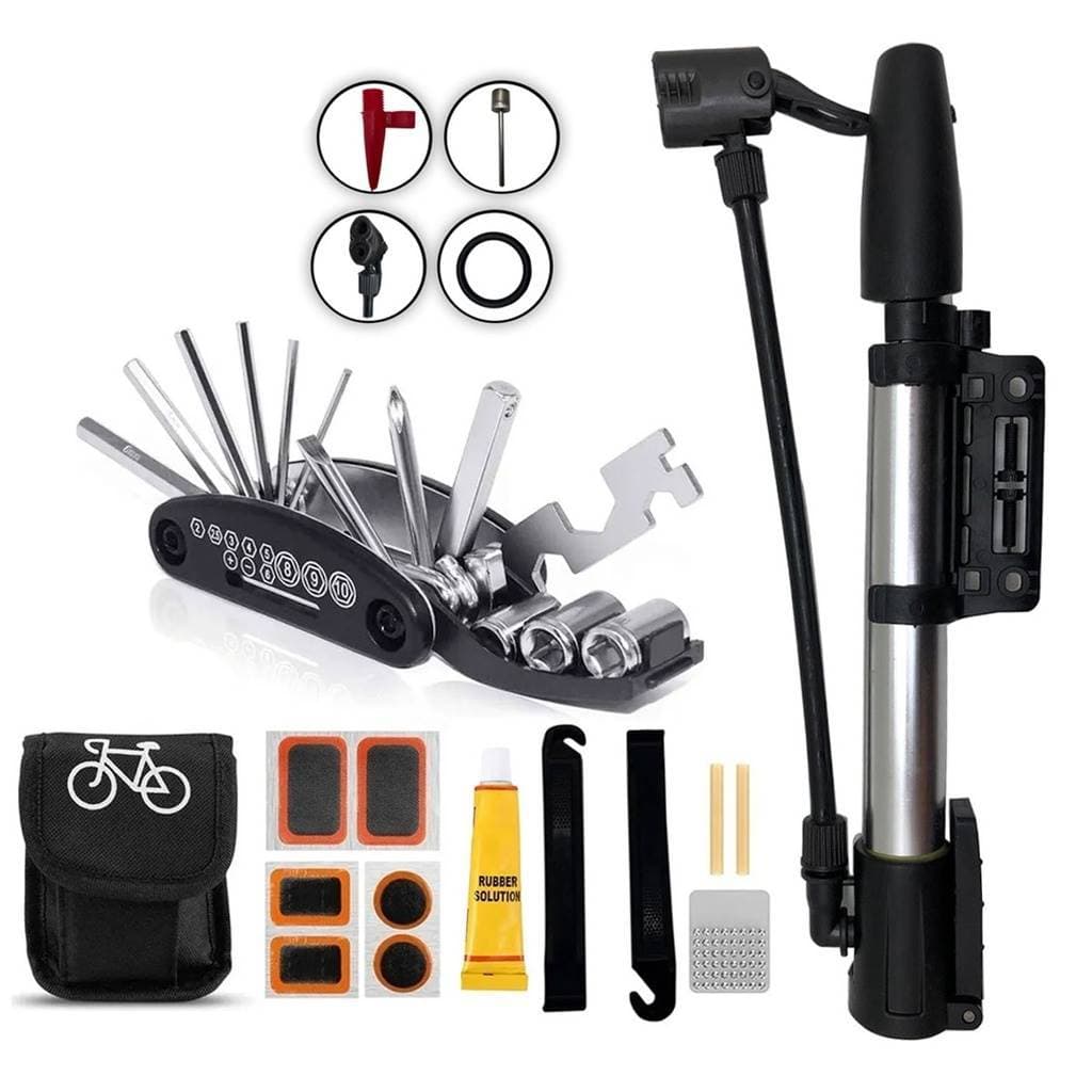 Kit Bike Ferramentas Manutenção Reparo + Bomba De Alumínio Pneu Bicicleta