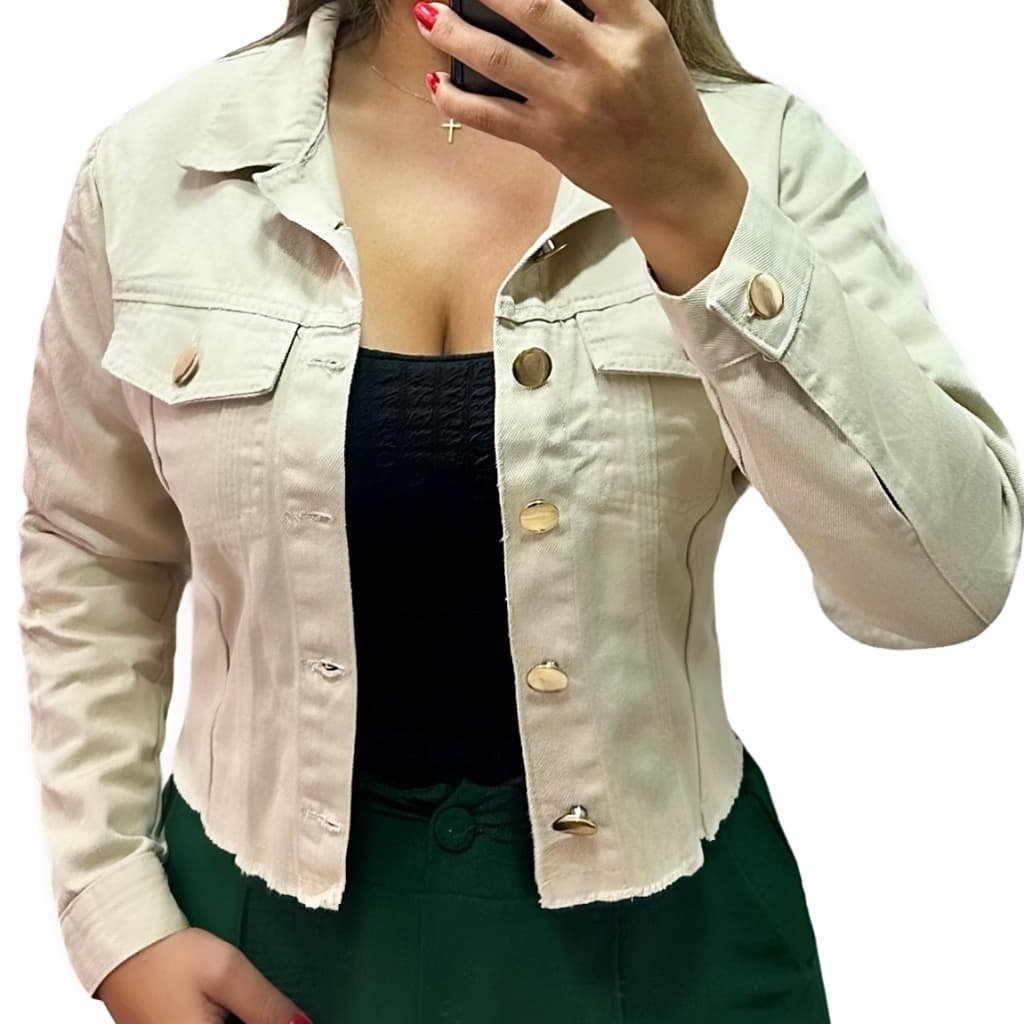 Jaqueta Jeans Feminina Bege Nude Desfiada Linha Premium