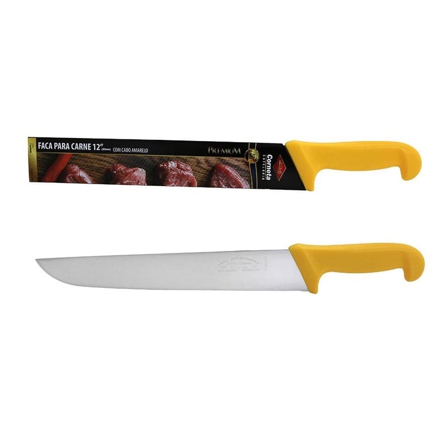 Faca Para Cozinha Carne Churrasco Inox Cabo Amarelo profissional Corneta Premium