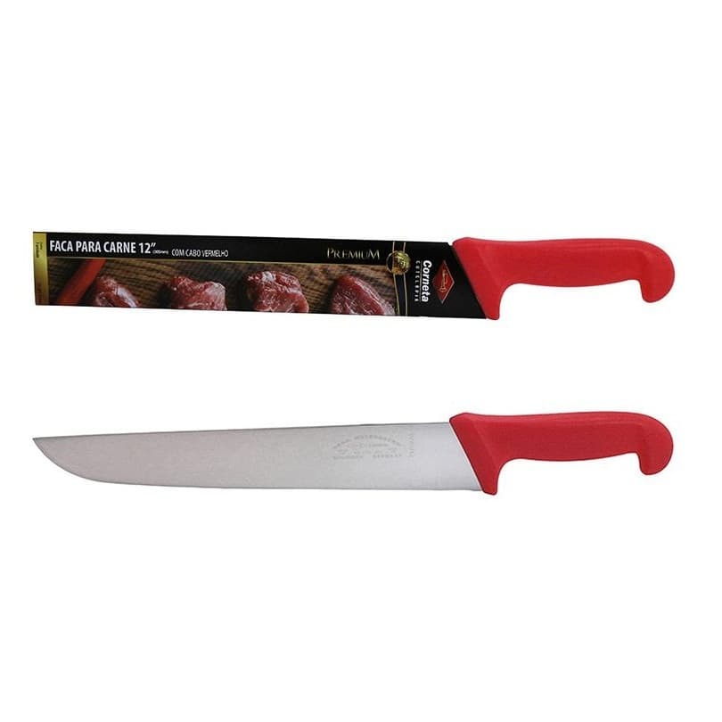 Faca Inox Para Cozinha Carne Churrasco Cabo Vermelho Profissional Corneta Premium