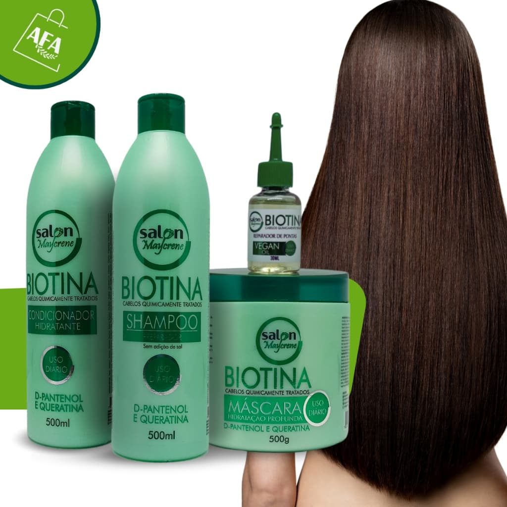 Kit Salon Maycrene Biotina Acelera o Crescimento Shampoo, Condicionador, Mascara e Reparador de Pontas 30ml