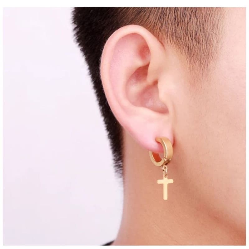 Par Brinco Dourado Aço Inox unissex masculino feminino argola dourado com pingente cruz crucifixo