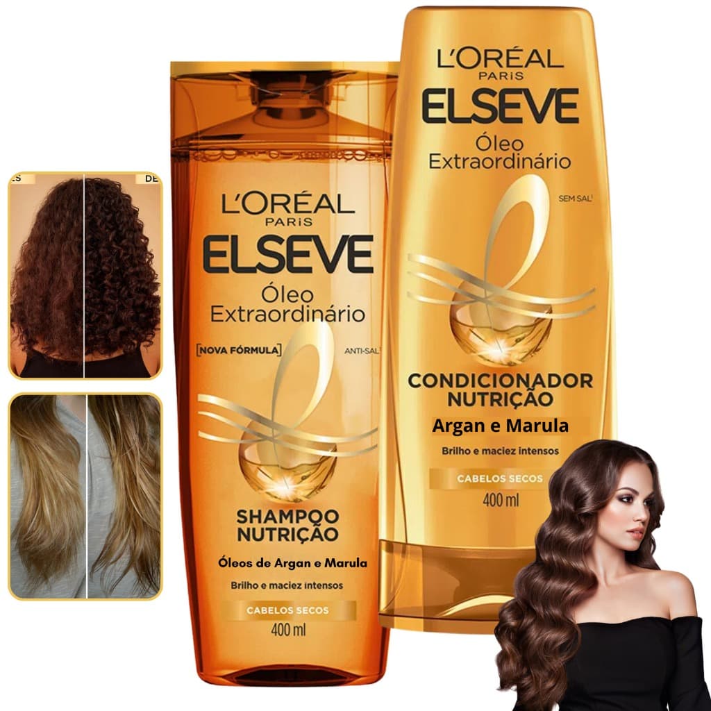 Kit Elseve Shampoo Condicionador 400ML Loréal Paris Óleo Extraordinário Brilho para Cabelos Secos Nutrição Profunda