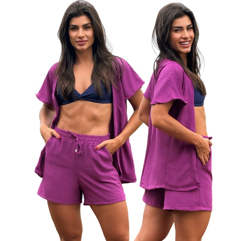 Saída de Praia Conjunto Kimono e Short c/ Bolso Frontal