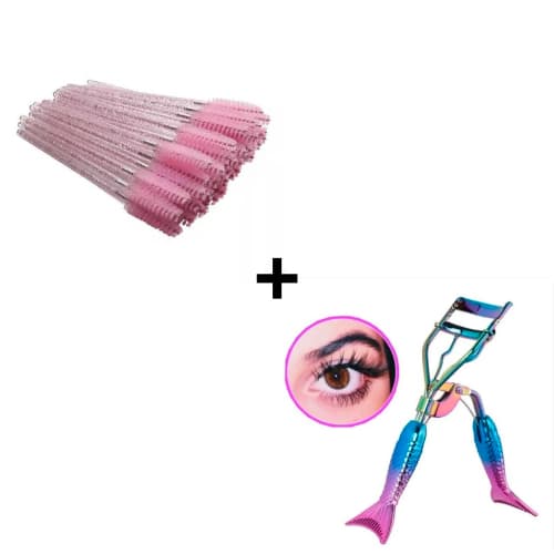 1 Kit C/ 50 Escovinha C/ Gliter + Curvado De Cílios Curvex Postiços Sereia