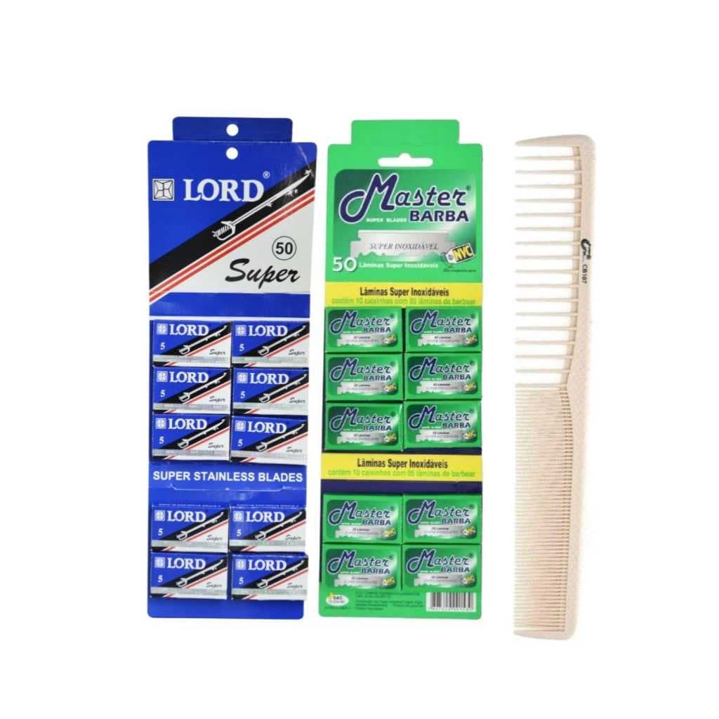 kit lamina lord azul  lamina master barba pente cb107 branco