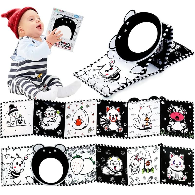 Livro Pano preto e branco tummy time Sensorial Do Bebê De Alto Contraste 0-12 Meses Brinquedos Berço Recém-nascidos