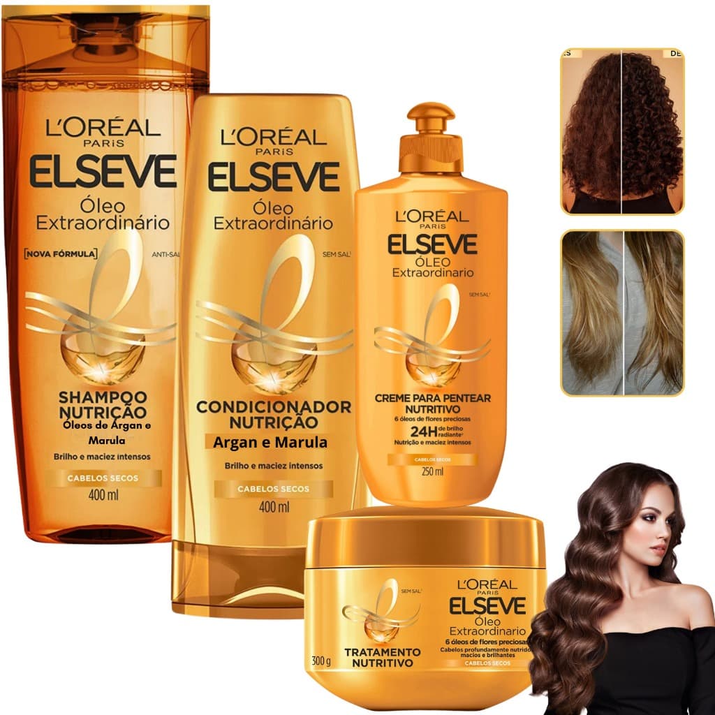 Kit Elseve Oleo Extraordinario Creme de Pentear Mascara Creme Hidratação Brilho Nutritivo 400ML