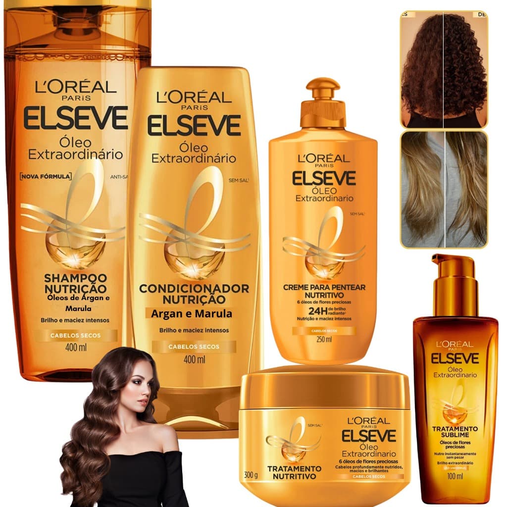 Kit Elseve Óleo Extraordinário Loreal Paris 400ML Nutrição Cabelos Secos Creme de Tratamento Brilho