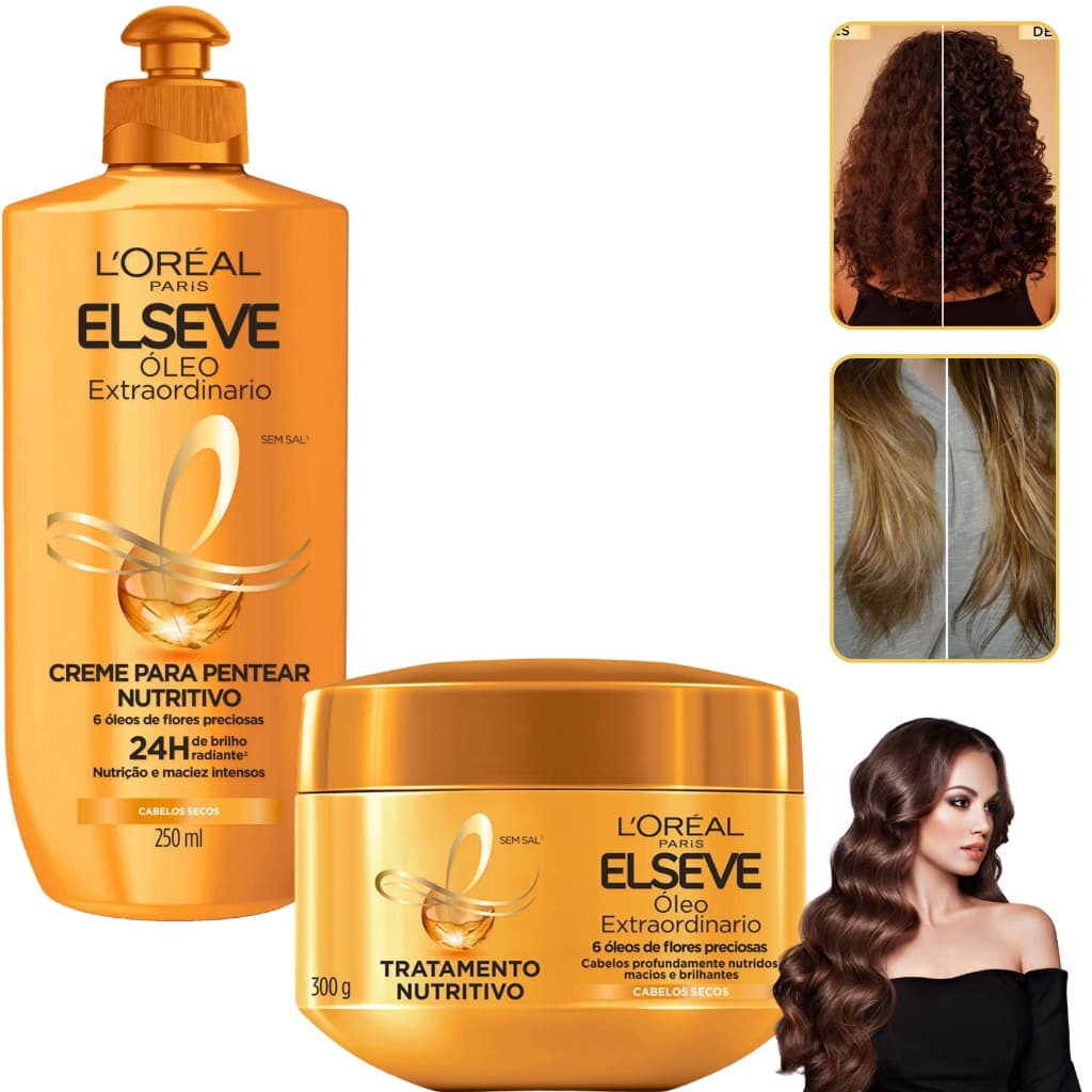 Kit Elseve Óleo Extraordinário Loreal Paris Creme Tratamento Cabelos dos Sonhos 300G Brilho