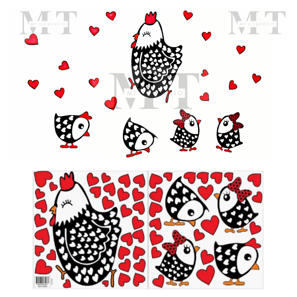 Cartela de Adesivo Decorativo Galinha e Pintinhos Para Geladeira, Parede, Vidro e Móveis