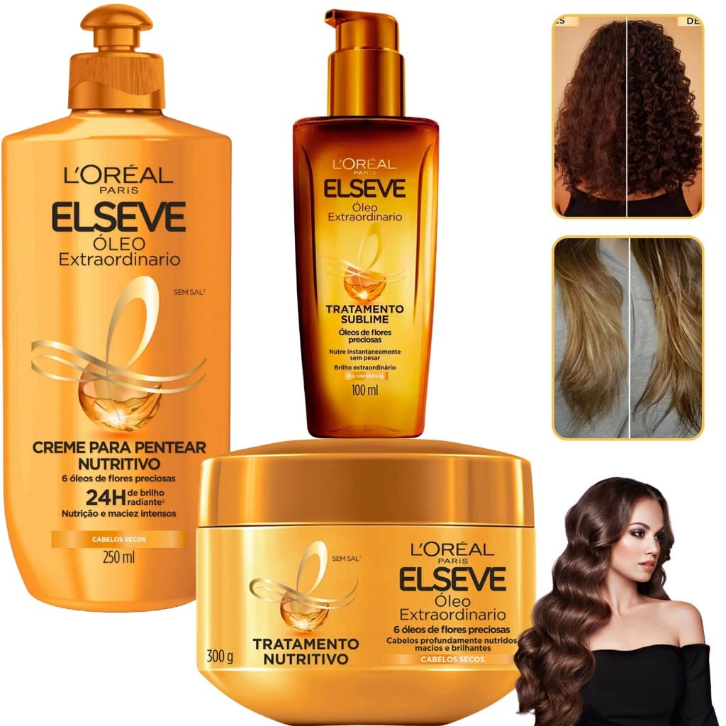 Kit Elseve Óleo Extraordinário Loreal Paris Nutrição Cabelos Secos Sonhos Banho de Brilho Argan