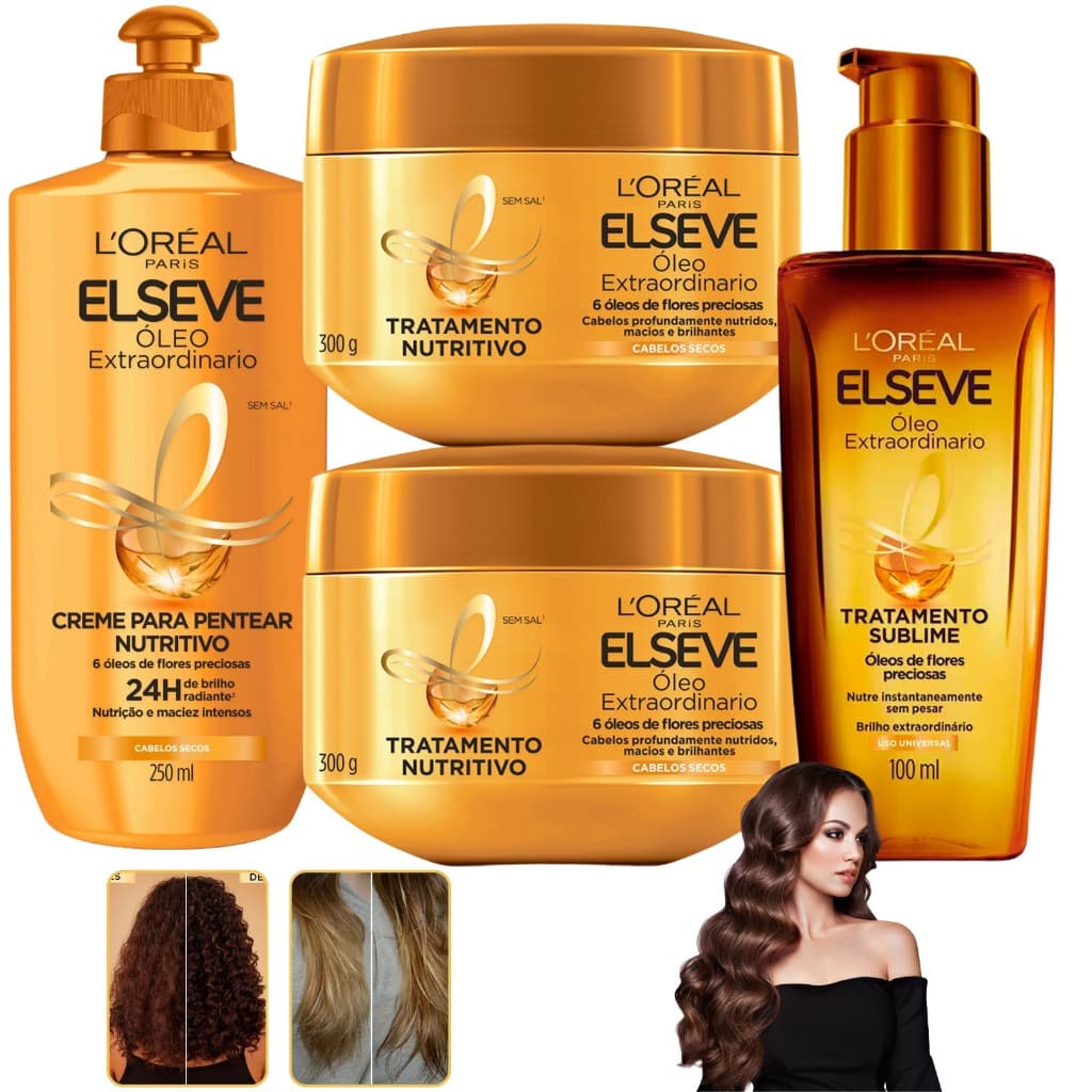 Kit Elseve Óleo Extraordinário Loreal Paris Nutrição Cabelos Secos Sonhos Banho de Brilho Espelhado