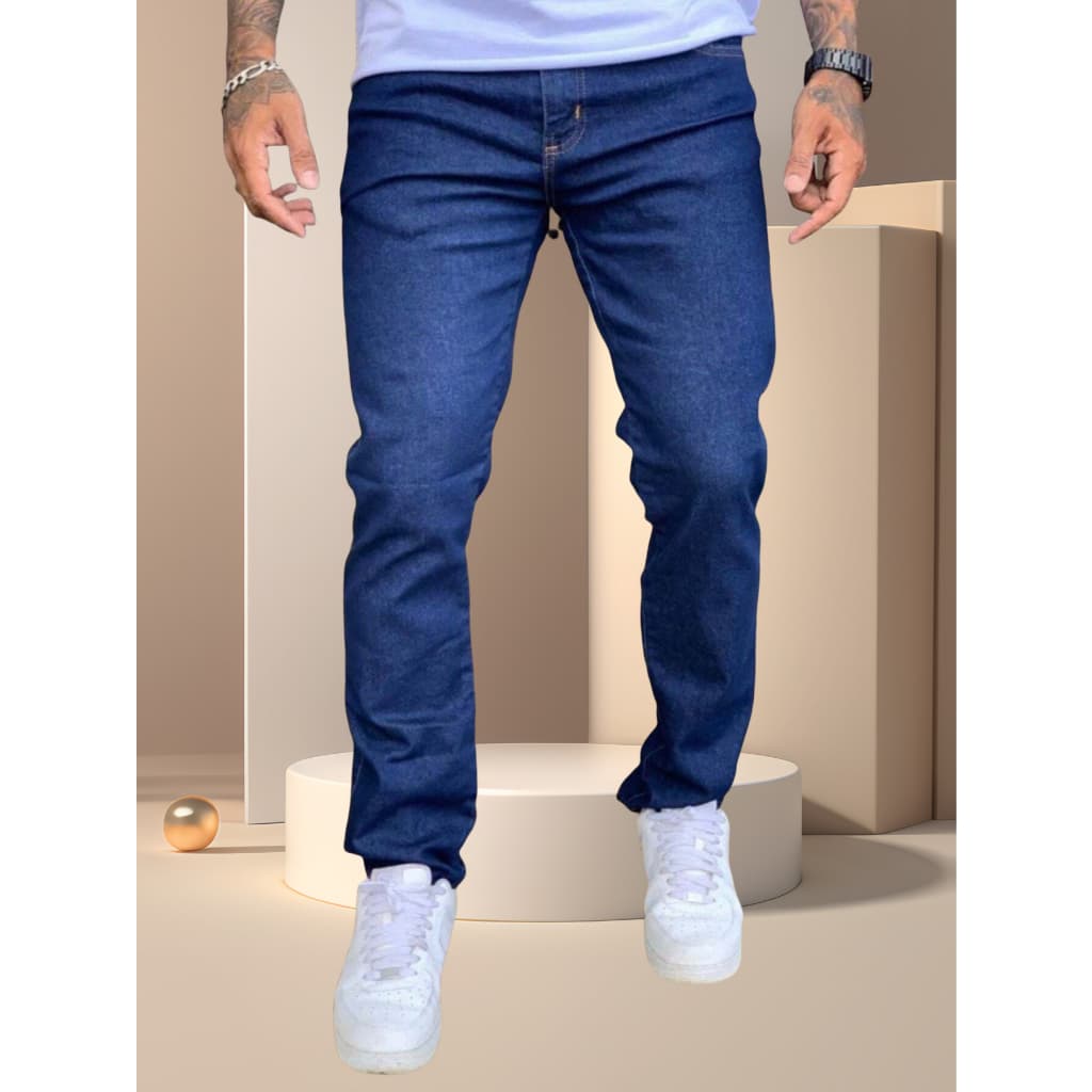 Calça Jeans Masculina Básica Com Lycra Azul Escuro-Tomada de fábrica