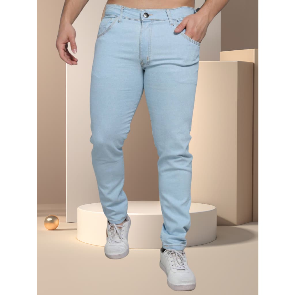 Calça Jeans Masculina Básica Com Lycra Azul Claro-Tomada de fábrica