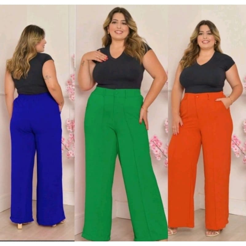 Calça Pantalona Com BOTAO Tecido Duna Wide Leg Estilo Gringa  Plus Size GG G1 G2 G3【3】