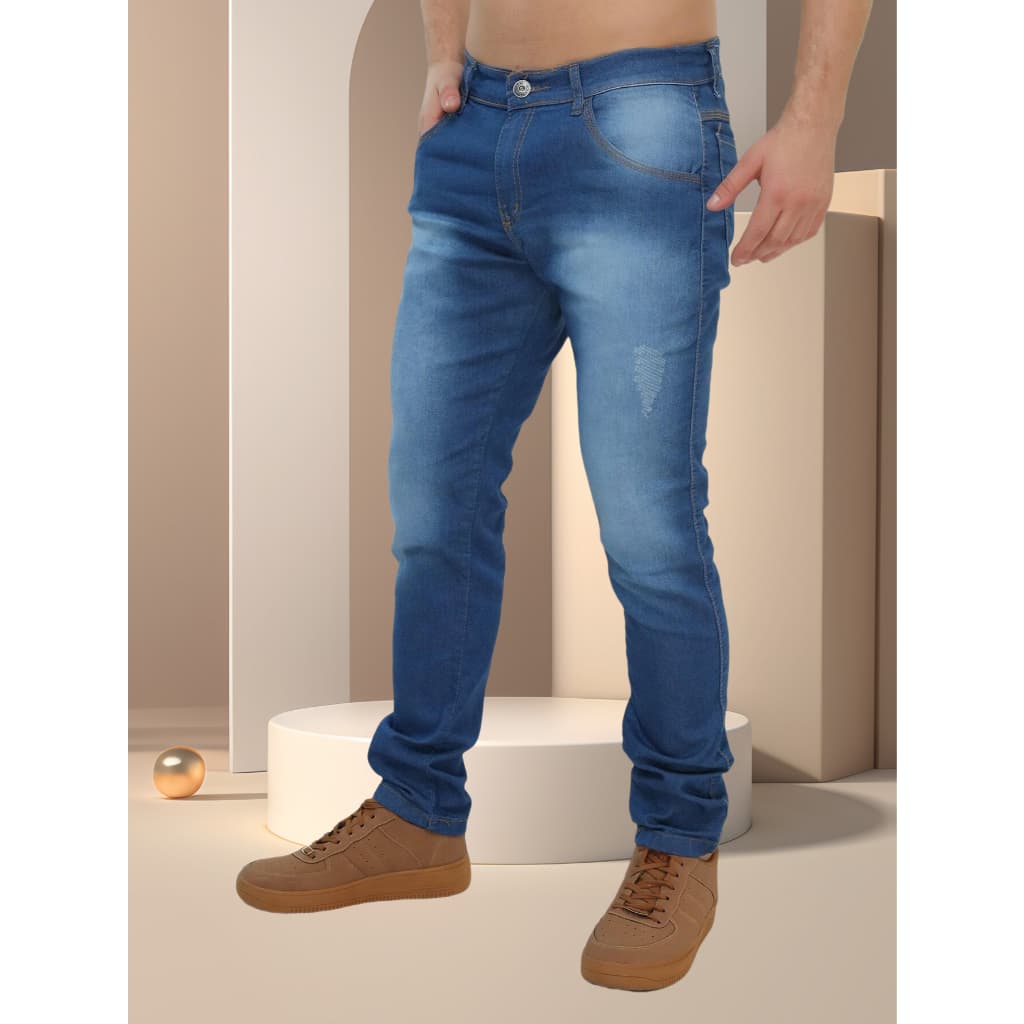 Calça Jeans Masculina Básica Com Lycra Azul Medio-Tomada de fábrica