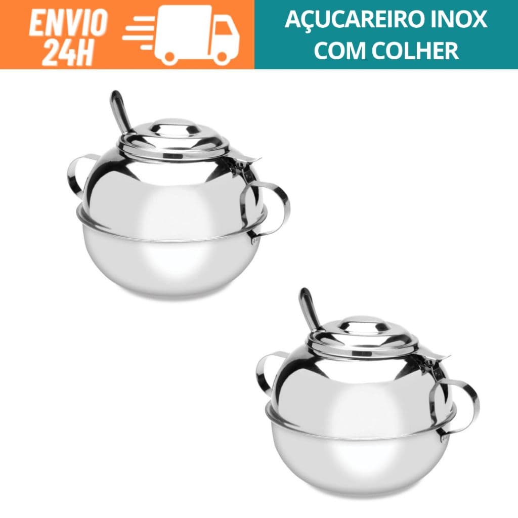 Kit 2 Açucareiro Grande 500g Em Inox Com Colher Para Cozinha Escritório