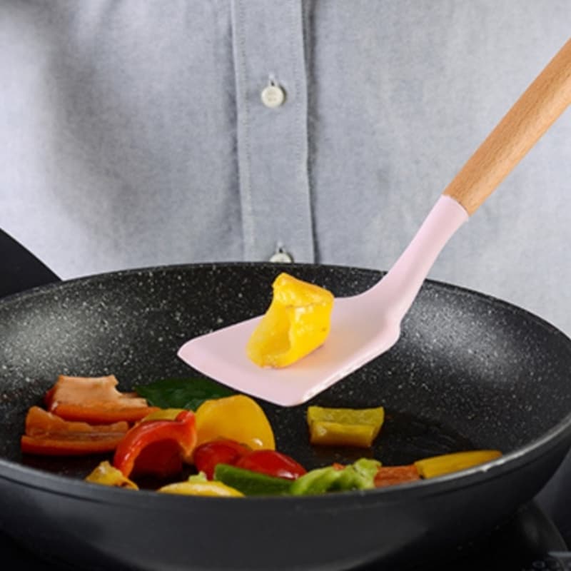 Kit C/12 Pçs Utensílios De Cozinha Colheres Espatula Silicone Cabo Madeira Decoração Promoção