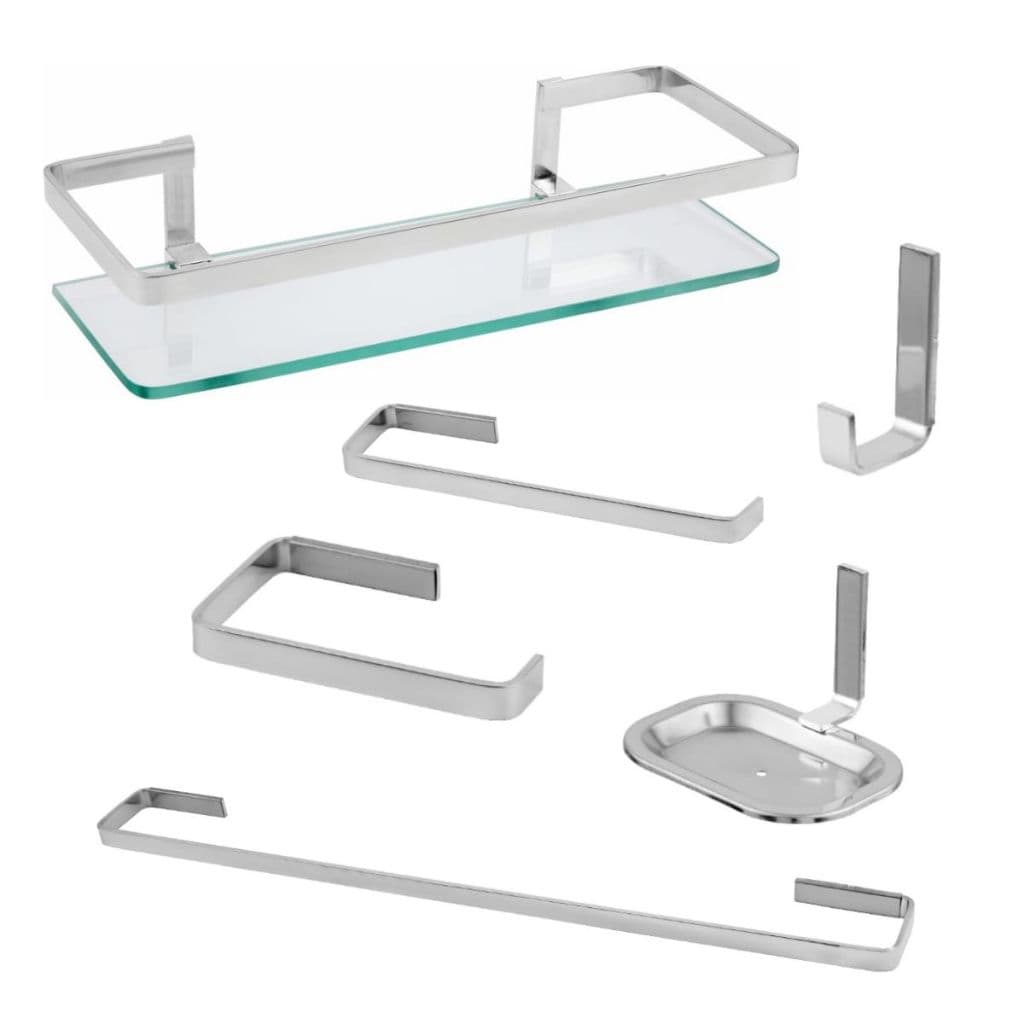 KIT ACESSÓRIOS BANHEIRO PAREDE MODELO STANDARD CROMADO COM PORTA SHAMPOO RETO 30X10cm
