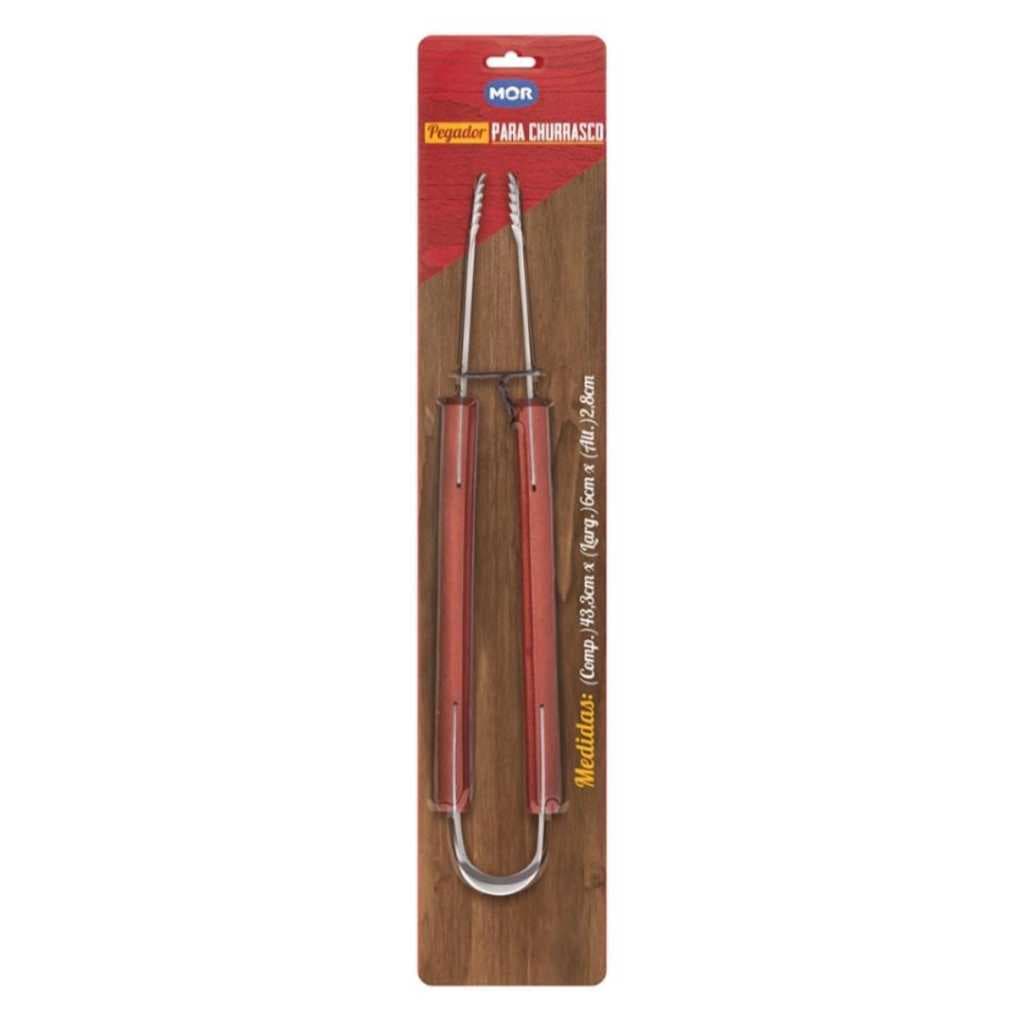 Pegador Longo Churrasco Carne Aço Inox Cabo Madeira Mor