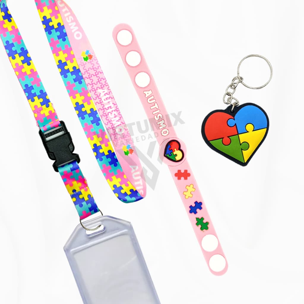 Kit 04 Peças de Identificação Autismo Rosa Cordão Pulseira Chaveiro e Porta Crachá