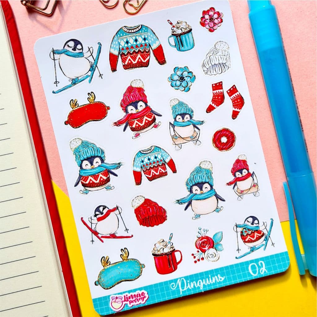 Pinguim Cartela de adesivos em Vinil para decoração, planner, , bujo, lembrancinha, pinguins